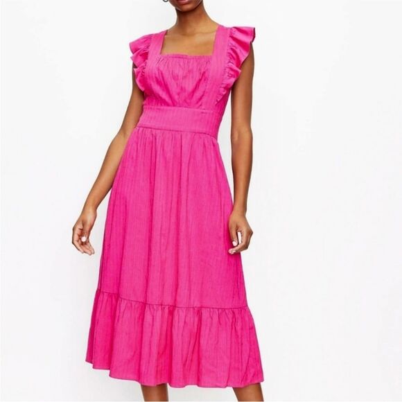 LOFT Pink Flutter Sleeve Cut Out Back Tiered Midi Dress Cotton Lined Size 2 - Picture 1 of 16